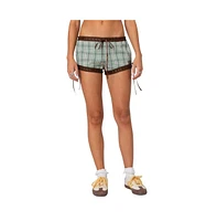 Edikted Women's Lavish lace trim plaid shorts