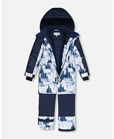 Deux par Toddler Boys One Piece Snowsuit Navy Blue Watercolor Pine Print - Toddler|Child