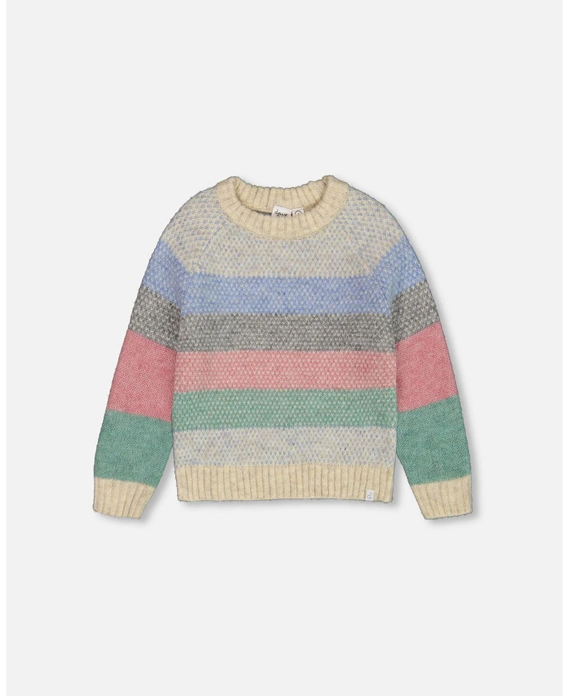 Deux par Deux Girl Horizontal Stripe Sweater Beige, Blue And Pink - Child