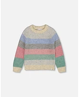 Deux par Deux Girl Horizontal Stripe Sweater Beige, Blue And Pink - Child