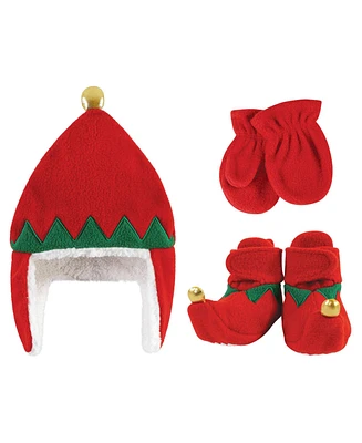 Hudson Baby Boys Trapper Hat, Mitten and Bootie Set, Red Elf, 0-6 Months