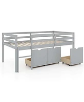 Twin Low Loft Bed with 3 Drawers Ladder & Full-length Guardrails Storage