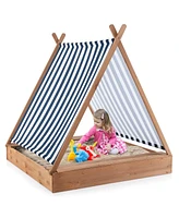 Costway Wooden Sandbox with Canopy Tent Design Fir Wood Frame 2 Bench Seats Bottom