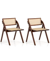 Costway Foldable Dining Chairs Set of 2 with Woven Rattan Backrest & Seat Rubber Wood Frame