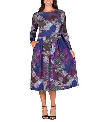 24seven Comfort Apparel Women's Purple Paisley Midi Length Long Sleeve Pocket Dress