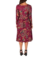 24seven Comfort Apparel Women's Wine Paisley Midi Length Long Sleeve Pocket Dress