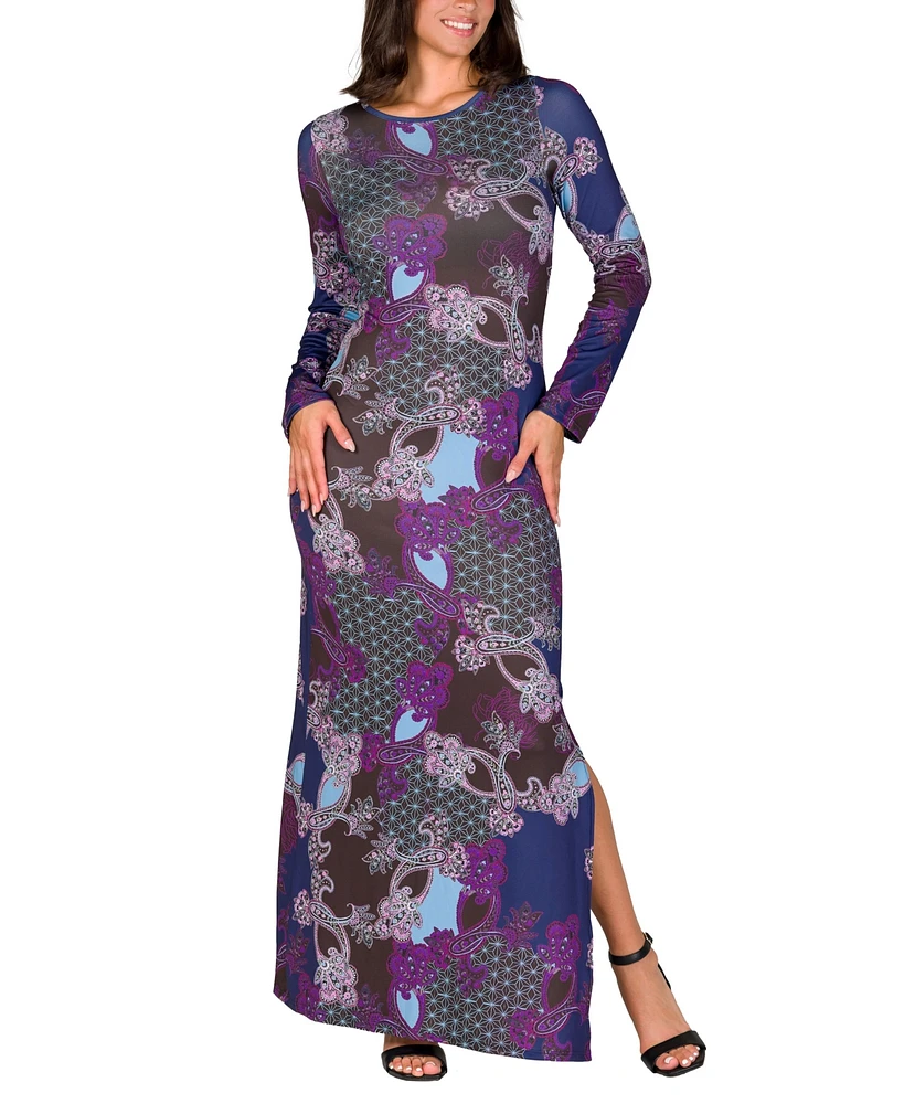 24seven Comfort Apparel Women's Purple Paisley Long Sleeve Side Slit Fitted Maxi Dress