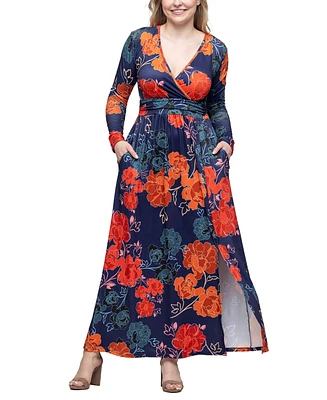 24seven Comfort Apparel Women's Navy Floral Print Long Sleeve Side Slit Maxi Dress