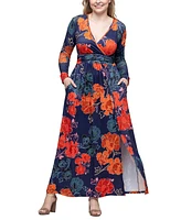 24seven Comfort Apparel Women's Navy Floral Print Long Sleeve Side Slit Maxi Dress