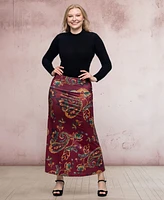 24seven Comfort Apparel Women's Wine Print Elastic Waist A Line Maxi Skirt