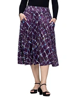 24seven Comfort Apparel Women's Purple Print Elastic Waist Pocket Midi Skirt
