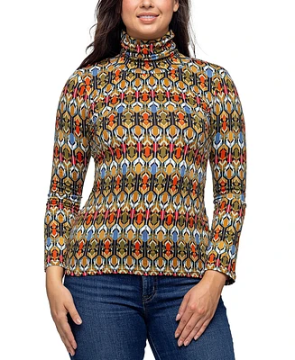 24seven Comfort Apparel Women's Multicolor Geo Pring Long Sleeve Turtleneck Top