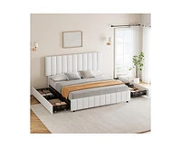 gaomon Queen Linen Upholstered Platform Bed Frame with 4 Storage Drawers, Adjustable Headboard, Wooden Slats Support, No Box Spring Needed, Grey