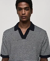 Mango Men's Contrast Collar Striped Knit Polo Shirt