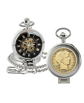 American Coin Treasures 16279 Gold-Layered Silver Barber Half Dollar Coin Pocket Watch with Skeleton Movement, Black Dial with Gold Roman Numerals