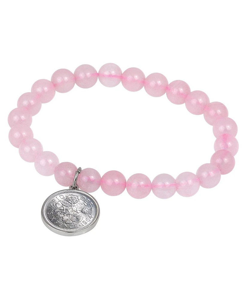 American Coin Treasures 16543 Rose Quartz Bracelet with Lucky Sixpence Coin