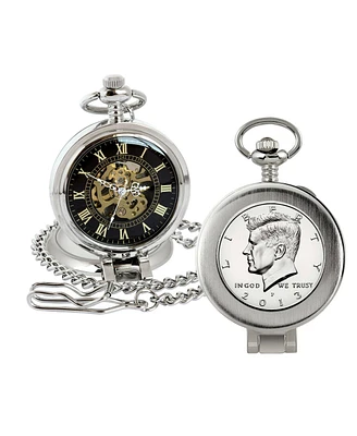 American Coin Treasures 16268 Proof Jfk Half Dollar Coin Pocket Watch with Skeleton Movement, Black Dial with Gold Roman Numerals - Magnifying Glass