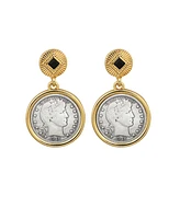 American Coin Treasures 17096 Barber Dime Coin Goldtone Art Decor Earrings with Black Stone, Gold