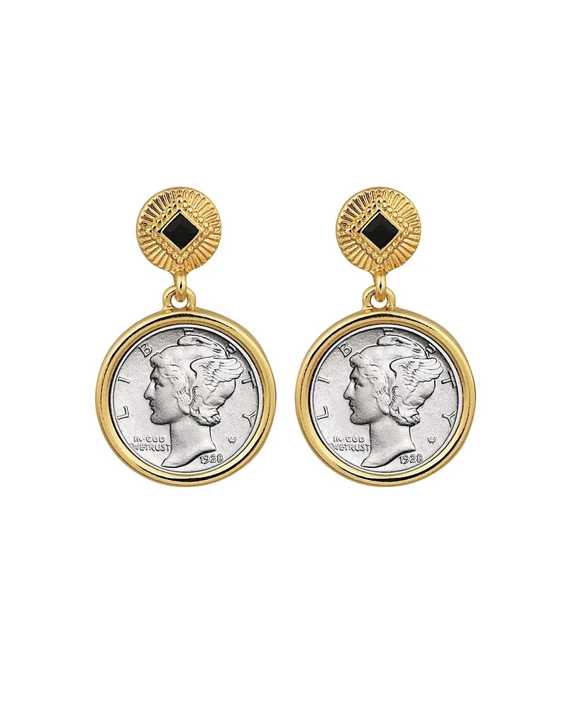 American Coin Treasures 17091 Mercury Dime Coin Goldtone Art Decor Earrings with Black Stone, Gold