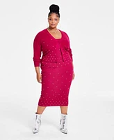 Nina Parker Trendy Plus Size Embellished Rib Knit Cardigan Tank Skirt