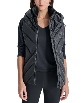 Dkny Women's Hooded Puffer Vest with Contrast Scuba and Teddy Faux Fur Collar