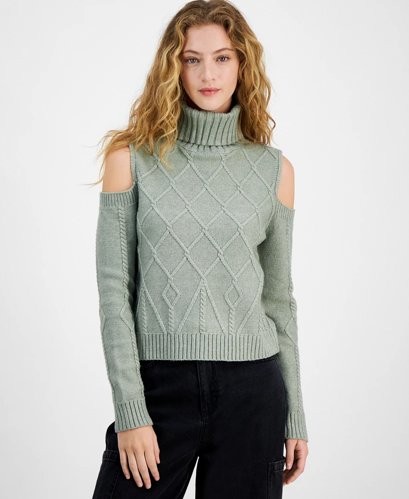 Derek Heart Juniors' Cable-Knit Cold-Shoulder Sweater