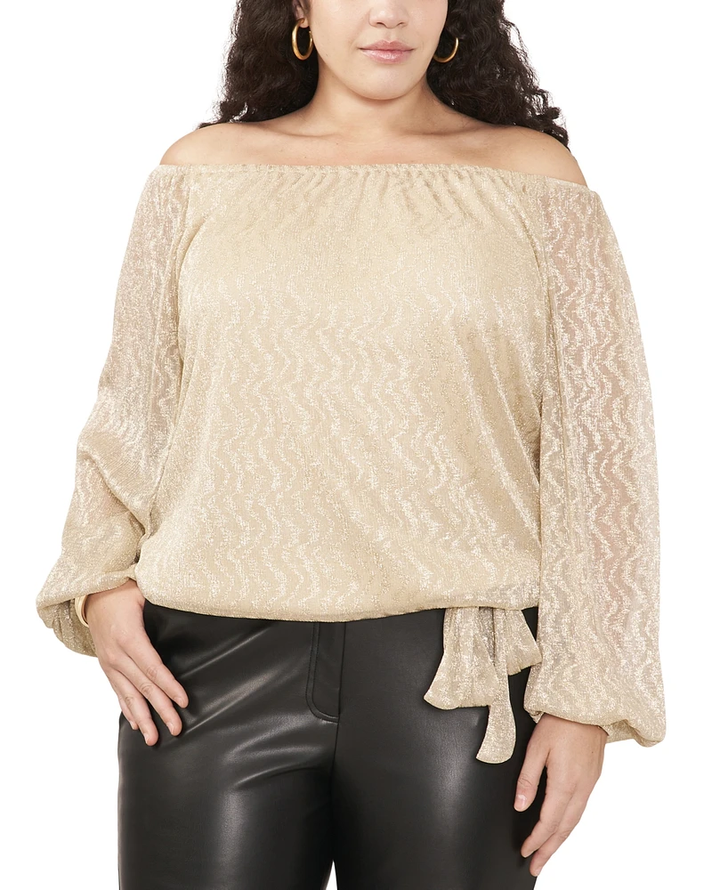 Vince Camuto Plus Size Off-The-Shoulder Tie-Hem Bubble-Sleeve Metallic Blouse