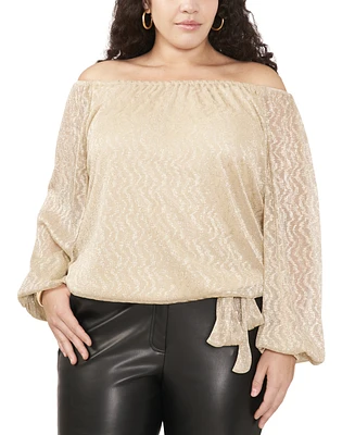 Vince Camuto Plus Size Off-The-Shoulder Tie-Hem Bubble-Sleeve Metallic Blouse