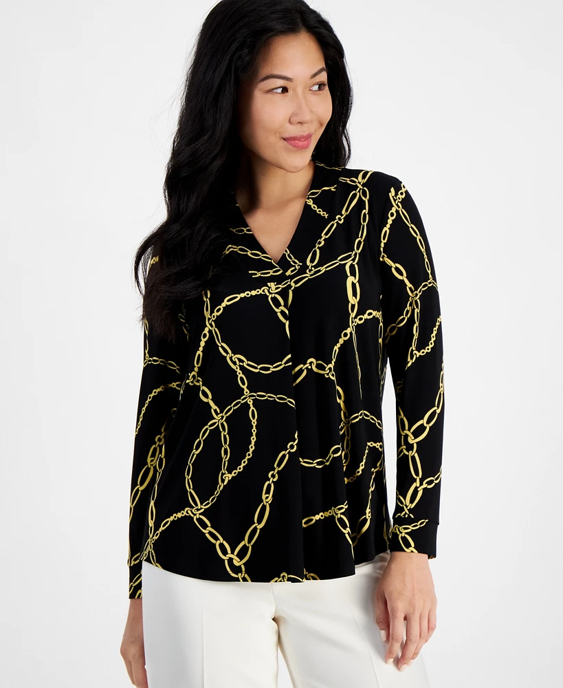 Ak Anne Klein Petite V-Neck Chain-Print Blouse