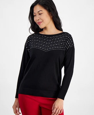 Ak Anne Klein Petite Embellished Boat-Neck Sweater