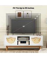Sugift Mid Century Modern Tv Stand Entertainment Center for 55-Inch Tv with 2 Drawers and Bamboo Woven Fronts