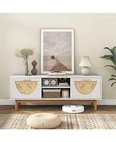 Sugift Mid Century Modern Tv Stand Entertainment Center for 55-Inch Tv with 2 Drawers and Bamboo Woven Fronts