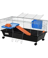 PawHut 35" Small Animal Cage with Wheels, Ramp, Water, Food Dish, Black