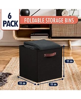 Ornavo Home 6 Pack Collapsible Linen Storage Cube Bin with Leather Handles - 11 Inch