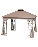 Outsunny 10' x 11.5' Metal Patio Gazebo, Double Canopy, Tree Motifs, Gray