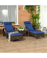 Outsunny Pool Furniture, 2 Lounge Chairs & Table, Wheels, Cushioned, Blue