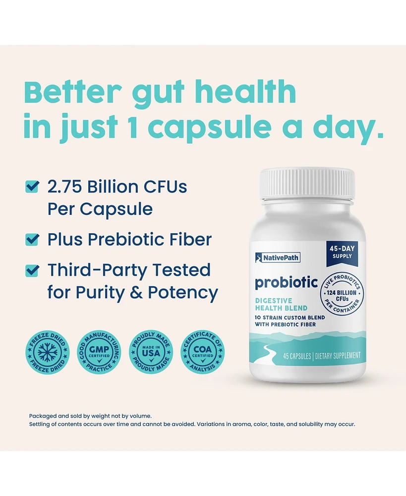 NativePath Daily Probiotic, 10-Strain Custom Blend Probiotics Supplement for Men and Women, 82 Billion CFUs