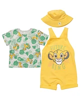 Disney Baby Boys Lion King Pumbaa Timon Simba French Terry Short Overalls T-Shirt and Hat 3 Piece Set Newborn to