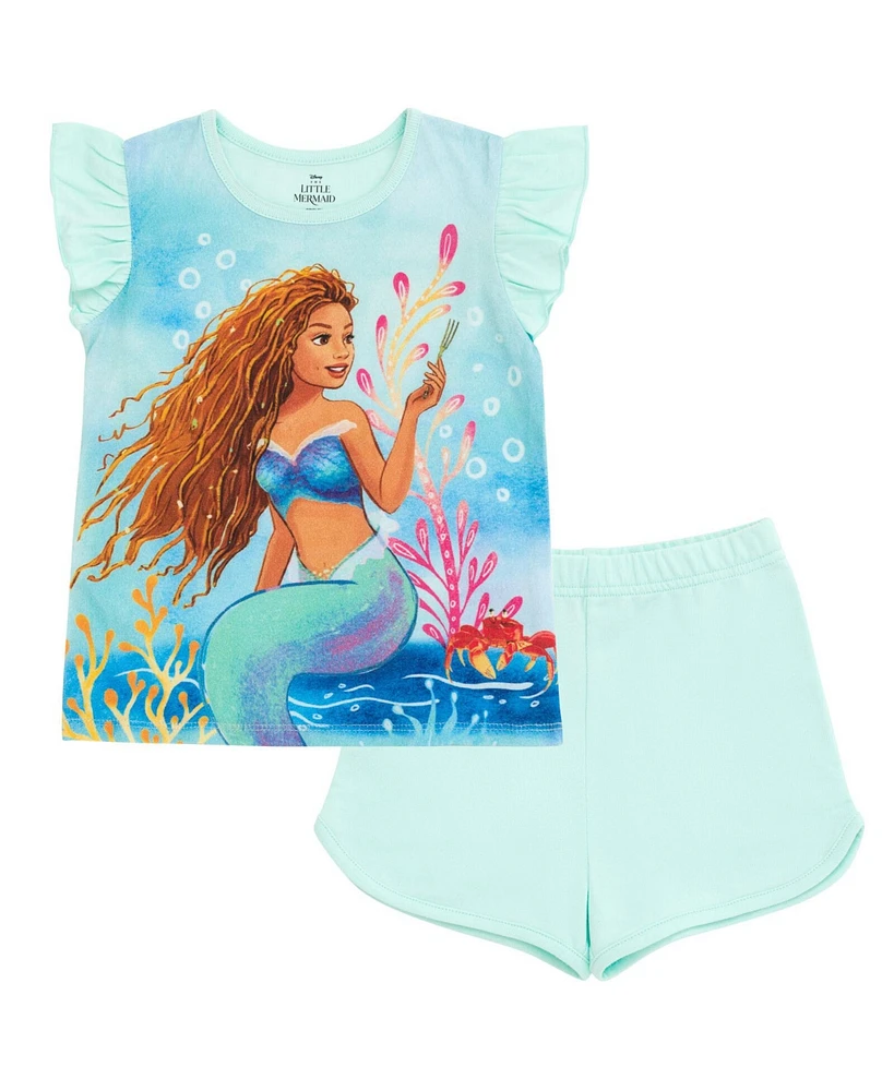 Disney Toddler Girls Minnie Mouse Lilo & Stitch Mermaid Ariel Floral T-Shirt and French Terry Shorts Outfit Set to