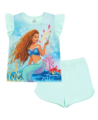 Disney Toddler Girls Minnie Mouse Lilo & Stitch Mermaid Ariel Floral T-Shirt and French Terry Shorts Outfit Set to