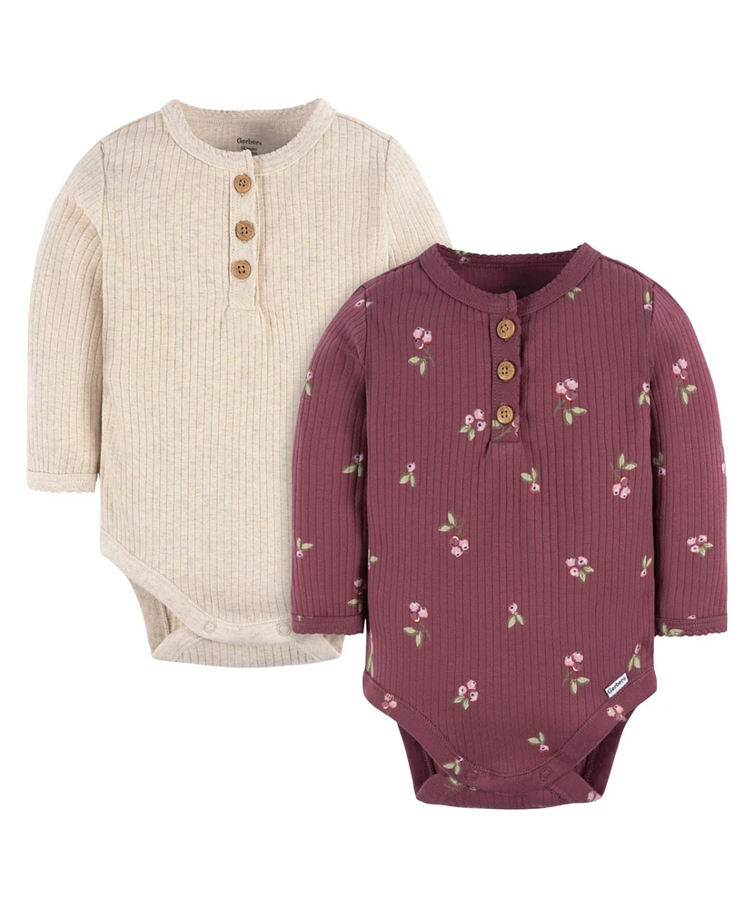 Gerber Baby Girls Henley Long Sleeve Bodysuits, 2-Pack