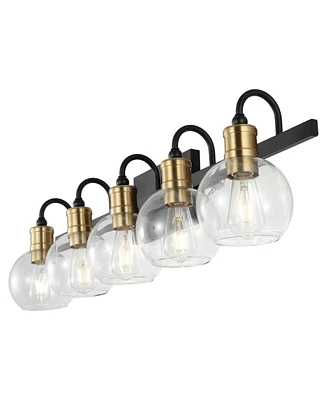 Jonathan Y Marais 36.5" 5-Light Iron/Glass Rustic Vintage Led Vanity Light, Black/Brass Gold