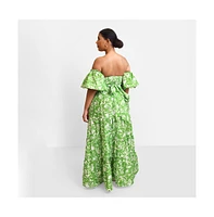 Rebdolls Women's Allegra Floral Puff Sleeve Belted Maxi Skater Dress