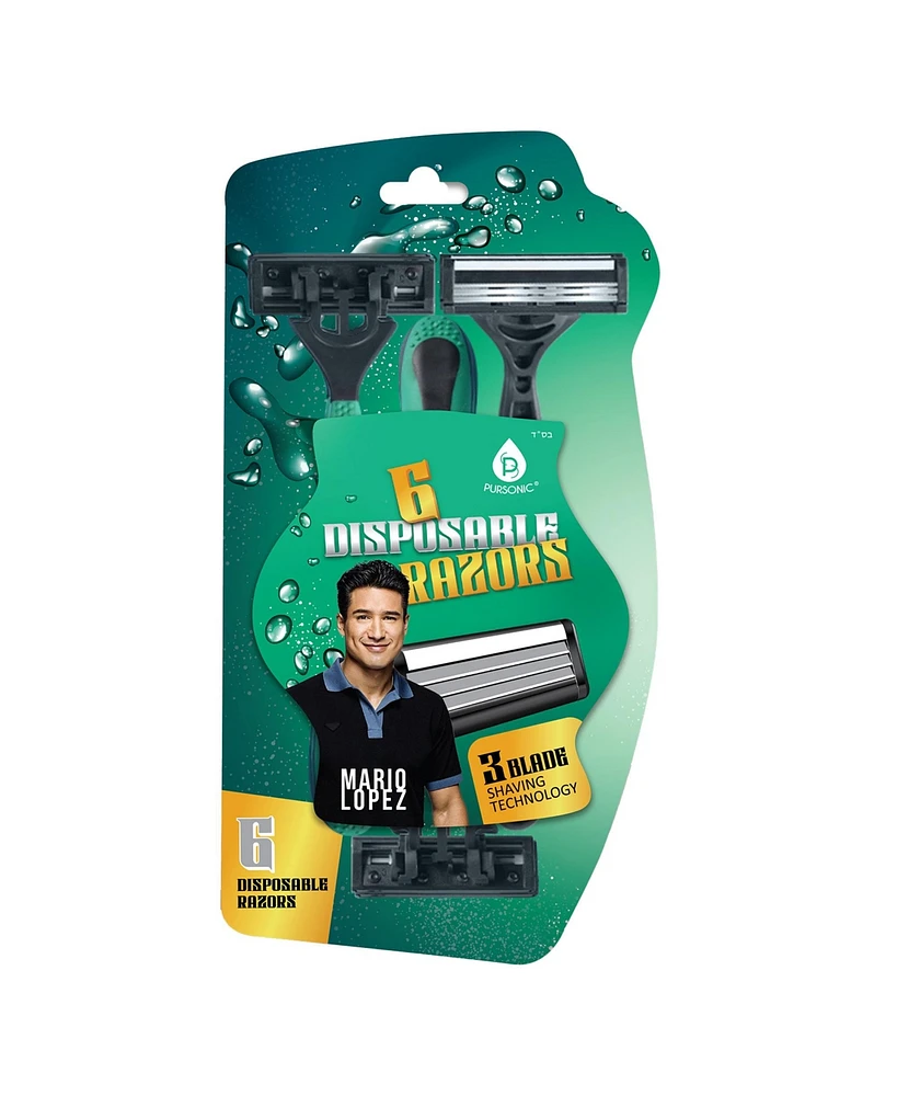 Pursonic Mario Lopez 6 Disposable Razors - 3 Blade Shaving Surface Technology