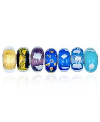 Bling Jewelry Mixed Set Of 7 Bundle .925 Sterling Silver Core Translucent Shades Of Blue Yellow Black Silver Gold Metallic Foil Murano Glass Swirl Charm Bead Spacer Fits European Bracelet For Women Teen