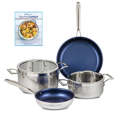 Blue Jean Chef -Piece Stainless Steel Cookware Set, Hammered Finish, Tri-Ply Construction Clad Cookware, Nonstick Induction