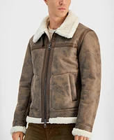 Guess Men's Zip Front Aviator Jacket with Faux Fur Lining