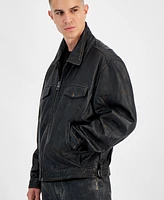 Guess Men's Distressed Full-Zip Leather Jacket