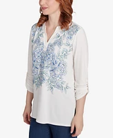 Ruby Rd. Petite V-Neck Floral Placement Embroidered Knit Top