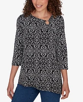 Ruby Rd. Petite Ring Neck Medallion Puff Printed Knit Top with Asymmetric Hem